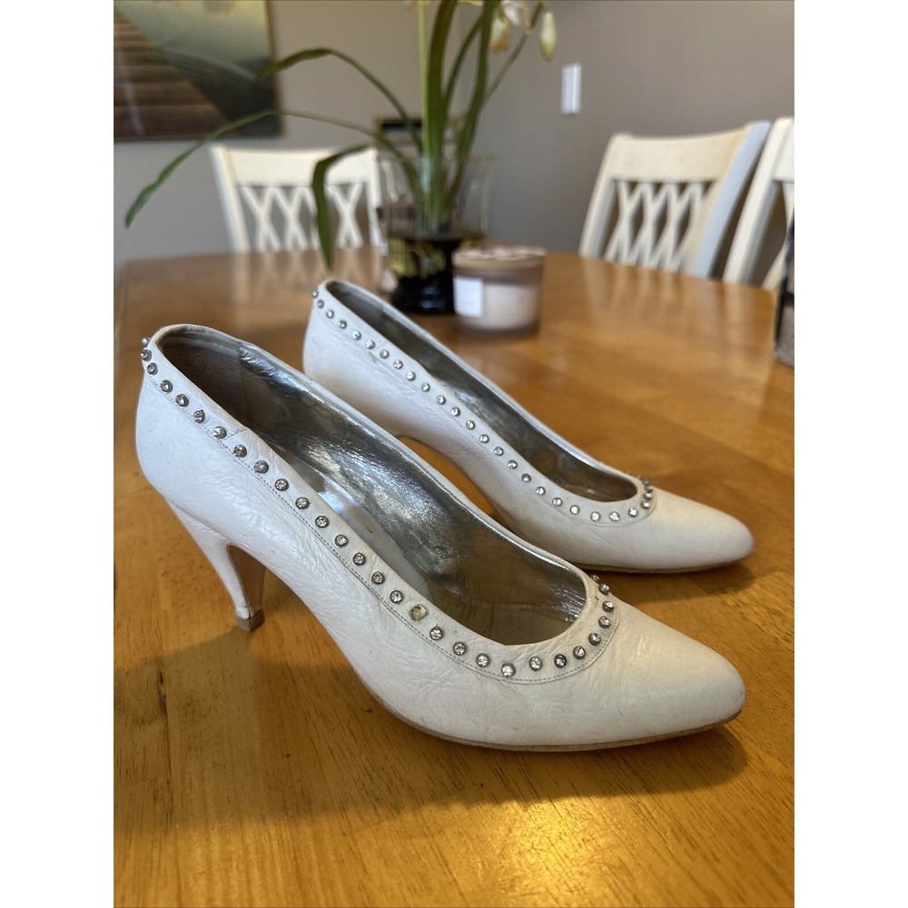 vintage el vaquero white leather heels pumps rhinestone outline size 37